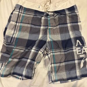 American Eagle Outfitters Men's Plaid Swim Shorts - Blue, Gray, and White